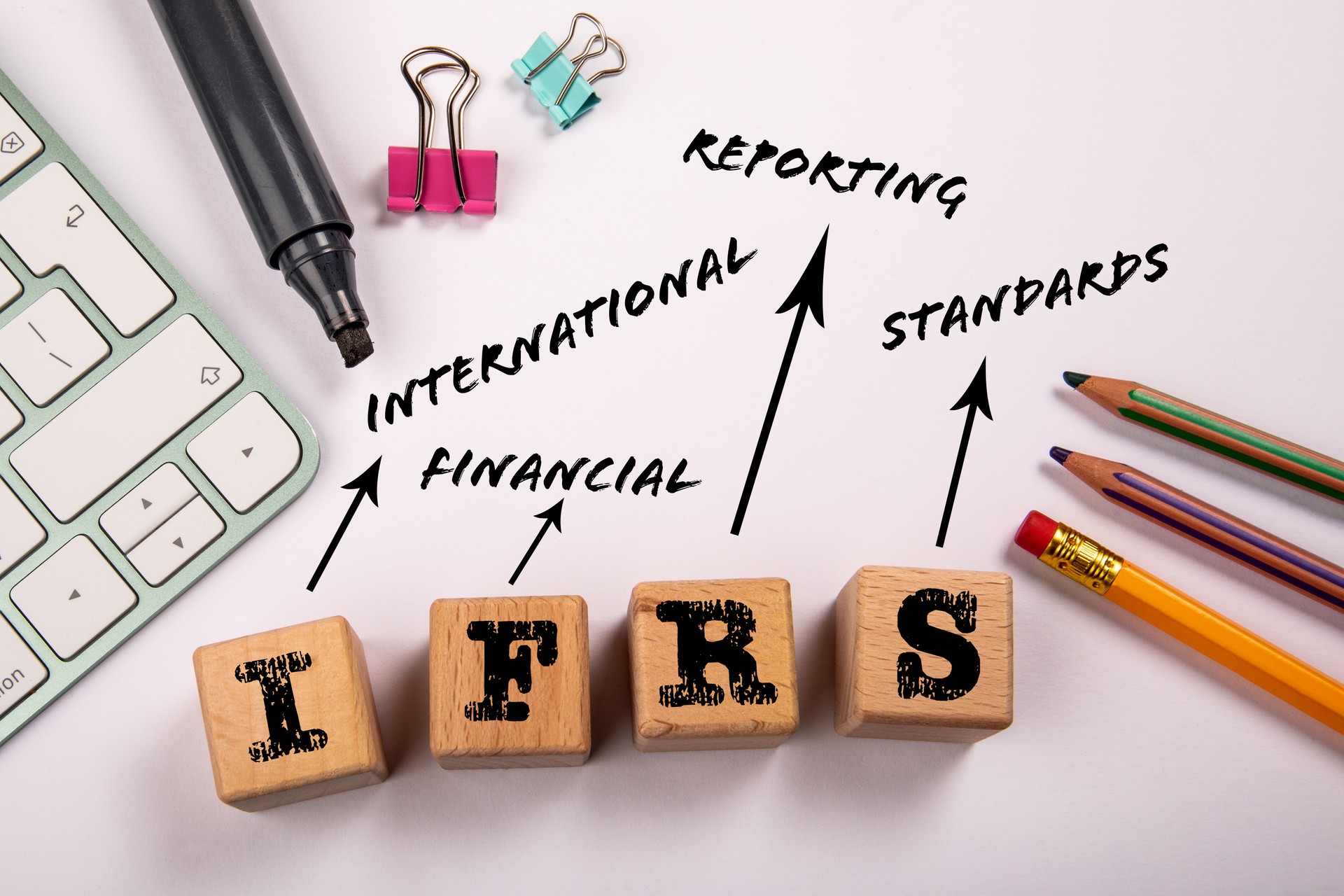 IFRS - International Financial Reporting Standards. Wooden blocks on a white office table